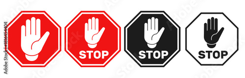 Prohibitory sign with open human palm and word stop in octagon. Red or black warning icons of entrance restriction. Traffic forbid. Driving pictogram. Vector ban attention symbols set