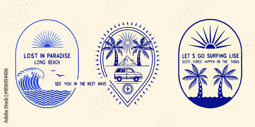 Retro blue line art beach and surf lifestyle graphics with palm trees and ocean waves