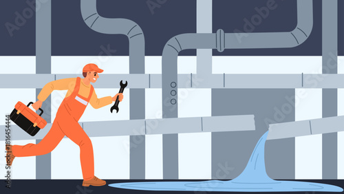 Plumber with tools rushes to scene of accident. Broken pipe and water leaking from plumbing system. Repairman hurrying to leakage. Canalization pipeline. Sewerage fix. Vector concept