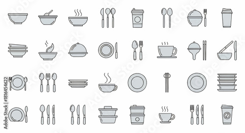 Diverse collection of monochrome kitchen and dining utensil icons, featuring essential tableware for meals and drinks in a minimalist flat design style for culinary concepts