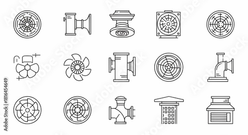 Vector line art icon set illustrating essential HVAC system components industrial fans, ventilation grilles, exhaust vents, air filters, and various pipe fittings