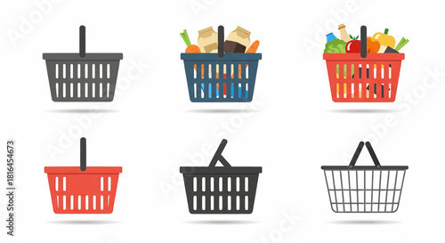 Flat design vector illustration set of shopping baskets. Includes empty and grocery-filled options, ideal for e-commerce, retail, and marketing graphics