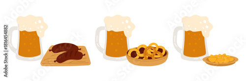 Glass foamy beer with snack food. Fried sausages, pretzels or potato chips. Oktoberfest meal. Bavarian festival. German cuisine. Ale mug. Pub alcohol drink. Vector isolated elements set