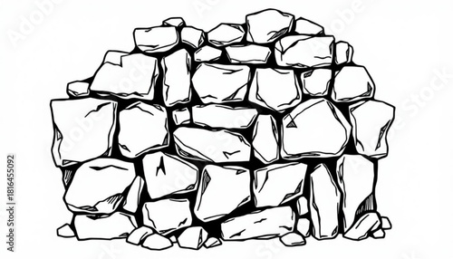 Minimalist illustration of a dry stone wall made of irregularly shaped rocks with black outlines and white fills vector