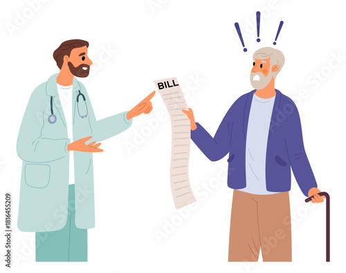 Elderly man shocked by large bill for medical prescription pills. Surprised of medicine price. List of drugs. Physician and senior patient. Vector concept of expensive hospital services
