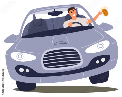 Drunk male driver with glass of beer in hand driving car on road. Alcohol addiction. Boozy man at automobile steering wheel. Drunken person. Transportation accident. Vector concept