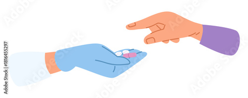 Doctors hand wearing medical glove and gives patient pills and capsules to treat disease. Drugs on palm of physician. Medicine and health care. Pharmaceutical prescription. Vector concept