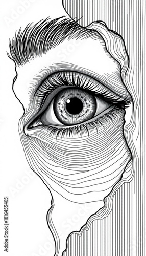 Minimalist detailed monochrome drawing of a human eye with intricate line work and surreal background elements near it vector