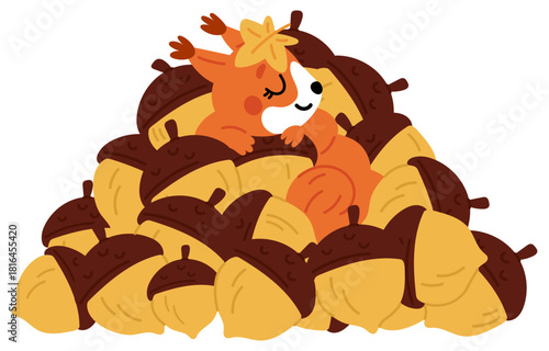Cute well fed squirrel sleeps on large pile of ripe acorns. Animal dreaming in burrow. Sleepy rodent relaxing on nuts heap. Happy character mammal autumn rest. Vector cartoon illustration