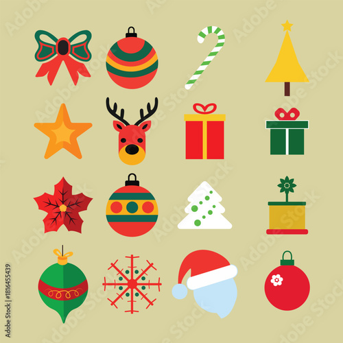 Colorful Christmas vector icons featuring a gift box, candy cane, star, snowman, Christmas tree, poinsettia, stocking, bell, and ornament. Festive flat-design symbols perfect for holiday and winter pr