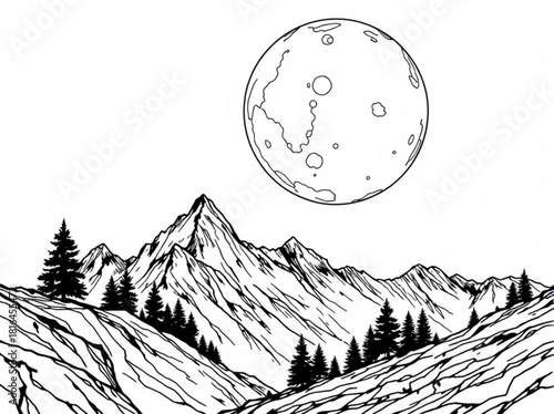 Minimalist a monochrome landscape featuring mountains trees and a detailed moon in a line art style drawing style vector