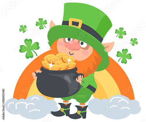 Cheerful leprechaun holds cast iron pot filled with gold coins. Symbol of St. Patricks Day. Lucky quatrefoil leaves. Rainbow with clouds. Cartoon elf with money cauldron. Vector concept