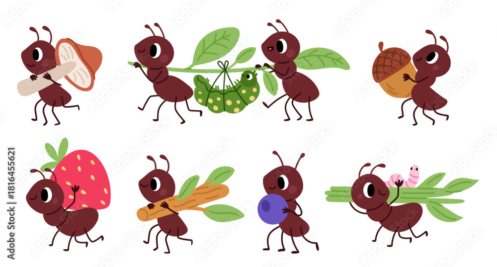 Fototapeta premium Cartoon hardworking ants carry food to anthill. Arthropods holding caterpillars and fruits. Natural funny creatures. Cartoon pismire characters. Mushroom and berry. Vector isolated set