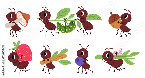 Cartoon hardworking ants carry food to anthill. Arthropods holding caterpillars and fruits. Natural funny creatures. Cartoon pismire characters. Mushroom and berry. Vector isolated set