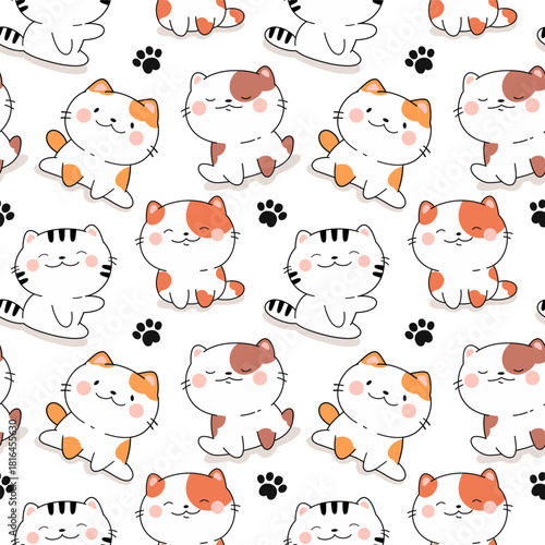 Seamless pattern with cute kawaii cats, fabric print.