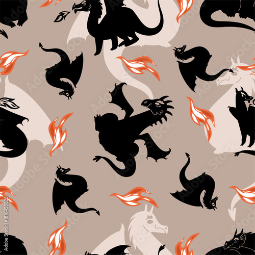Black silhouettes of dragon with fire from its mouth. Fantast winged reptiles seamless pattern. Flying bestiary lizards. Repeated print. Fairytale magical monsters. Vector background