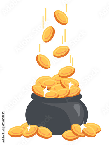 Black cast iron pot with falling gold coins. Leprechaun treasure. Irish elf money cauldron. Financial success. Fortune and luck. Golden cash. Fantasy myth. Magic wealth. Vector concept