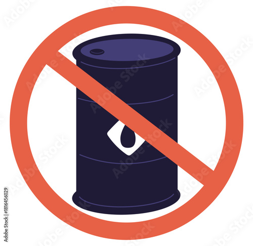 Barrel of oil products with red crossed out prohibitory sign. Fossil fuel restriction. Stop danger flammable diesel. Benzine pollution. Vector petroleum container prohibition symbols set