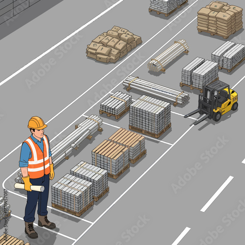 Construction Site Foreman Inspecting Material Stockyard