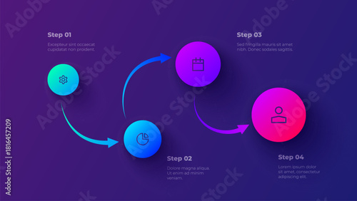 Gradient Process Infographic Vector with 4 Steps. Modern Circular Flow for Business, Strategy, Planning and Data Visualization on Dark Background