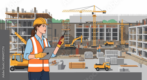 Female Construction Manager Overseeing Busy Industrial Site