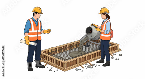 Construction Workers Pouring Cement for New Building Foundation