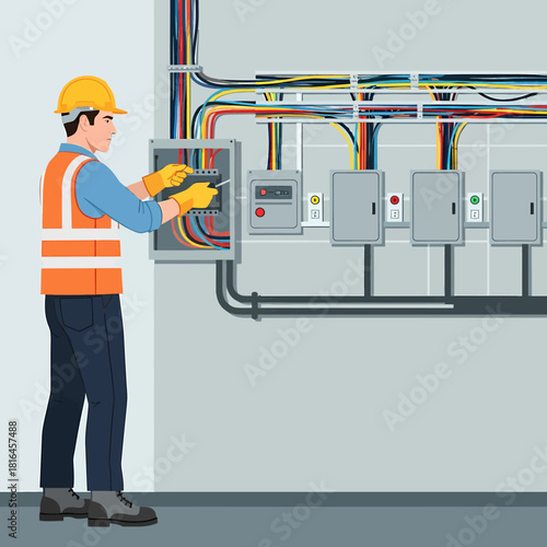 Electrician Servicing Control Panel and Electrical Wiring