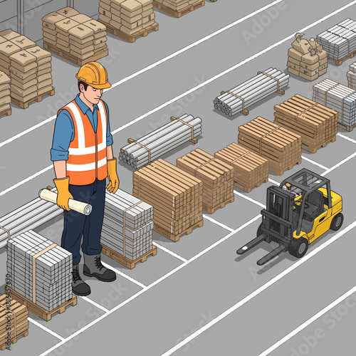 Construction Foreman Inspecting Material Inventory in Warehouse