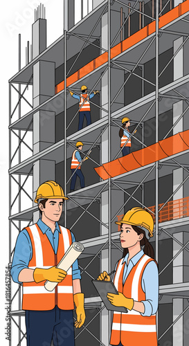 Project Managers Monitoring Workers on High Rise Scaffolding