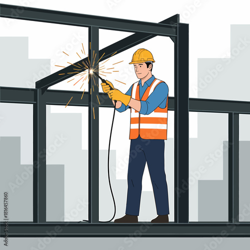 Metal Worker Welding Steel Frame for Urban Building Structure