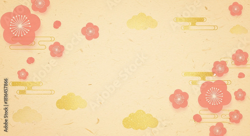 和紙と梅の和風お正月背景素材、金箔、和風背景素材