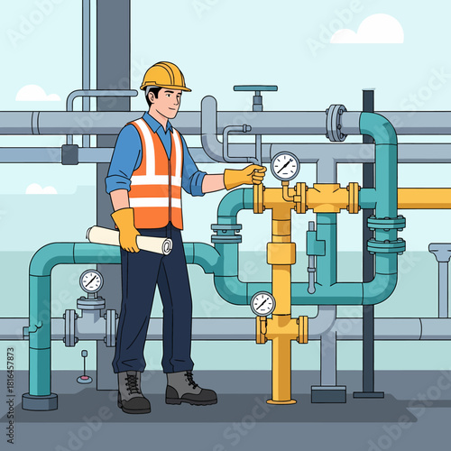 Mechanical Engineer Checking Pressure Gauge on Industrial Pipes