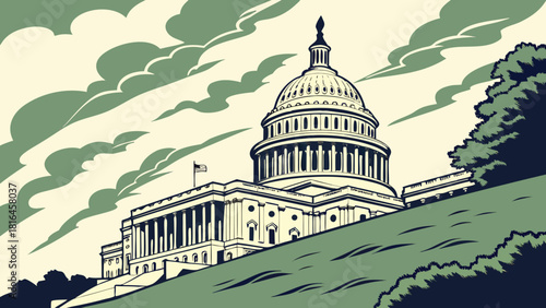 Washington dc skyline with united states capitol building surrounded by nature, suitable for travel brochures, websites, and patriotic designs.