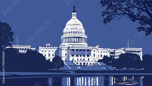 Capture of washington dc skyline with us capitol building, framed by trees and water, perfect for travel magazines and websites.