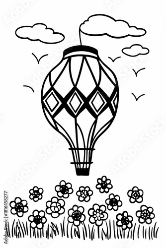 Minimalist hot air balloon over a field of flowers with clouds and birds in a black and white line drawing vector