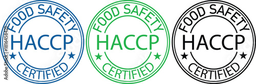HACCP certified stamp set food safety vector illustration in blue green and black isolated on white background