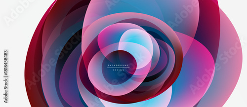 Abstract swirling layers, vibrant colors blend. Modern design, circular shapes create dynamic visual effect. Background features text elements.