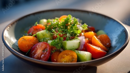 Fresh cherry tomato and cucumber salad garnished with herbs in a rustic bowl during golden hour