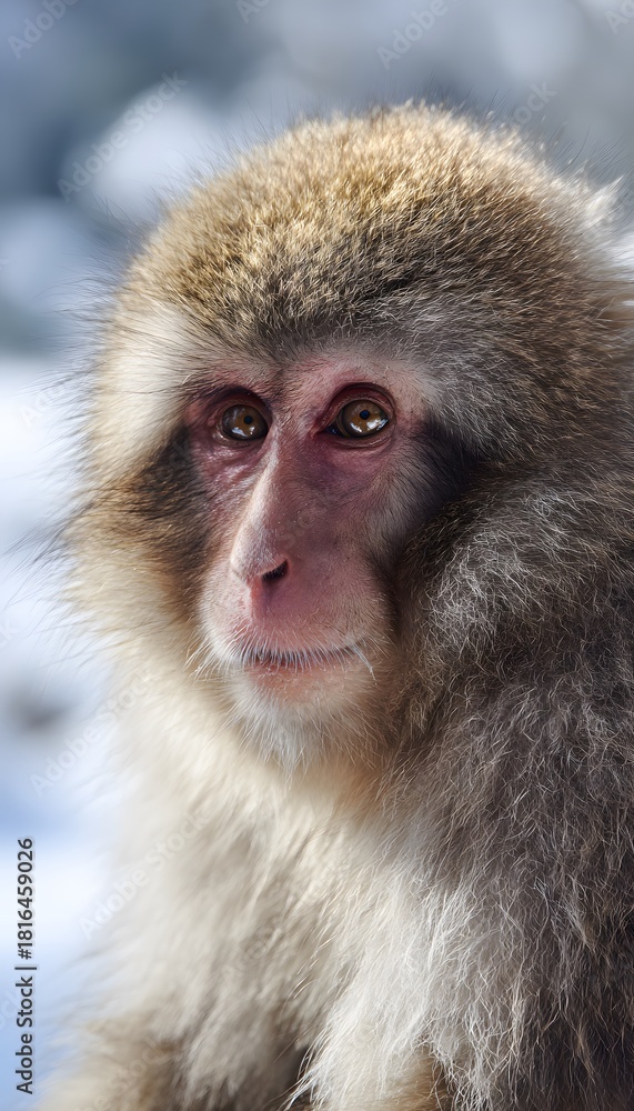 Naklejka premium Japanese snow monkey portrait captures winter’s beauty with intense gaze and soft lighting
