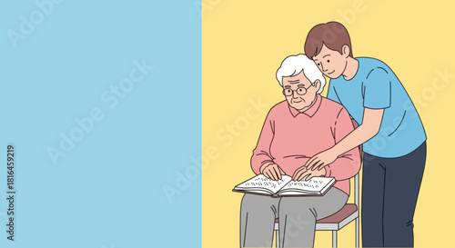 Young man helping senior woman with braille book. Assistance for the visually impaired concept.