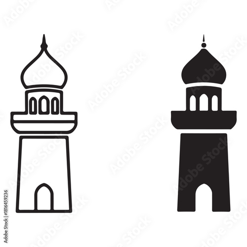 Two Islamic Minaret Tower Icons in Outline and Silhouette Styles