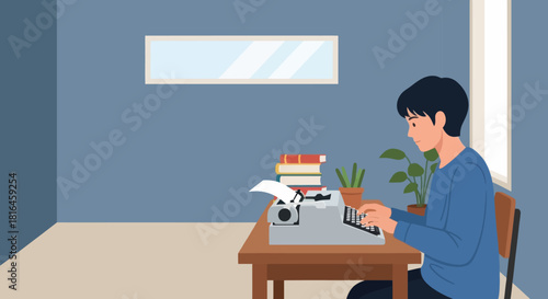 Man typing on a vintage typewriter in a blue room with books and plants on the table.
