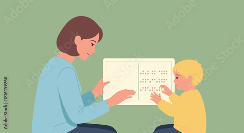 Young boy learning braille with teacher, visually impaired education and assistance.