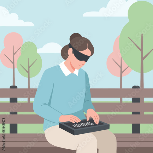 Blind woman using braille typewriter sitting on a bench in the park, disability concept.