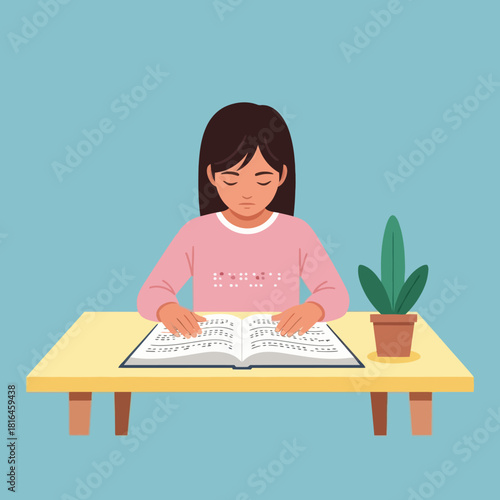 Young woman reading a braille book at table. Visually impaired person education concept.