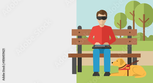 Blind man using braille typewriter with guide dog sitting on grass in park. Flat vector.