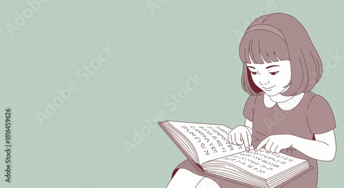 Illustration of a girl reading a braille book, concept for education and accessibility.