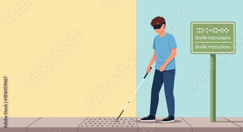 Blind man with cane walking on tactile paving near braille instructions sign. Vector.