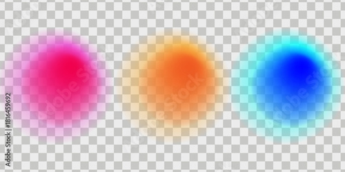 Set color circle gradient noise gradation. Abstract colorful watercolor blur mesh on isolated transparent background. Circle shape png. Gradient aura, grain neon blob noise effect vector illustration.