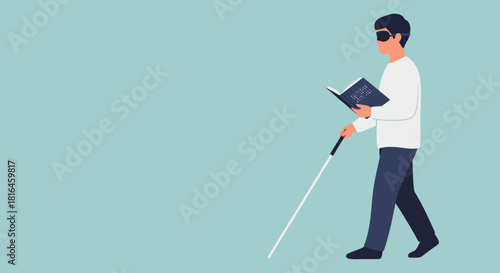 Blind man reading braille book while walking with cane. Concept of inclusion and support.